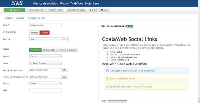 Información de la extensión CoalaWeb Social Links