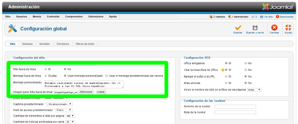 Cambio en la imagen cuando la web está offline, en Configuración Global de Joomla! 2.5