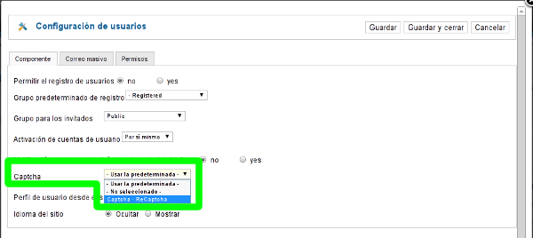 CAPTCHA en el Núcleo, editable en la configuración de usuarios de Joomla! 2.5