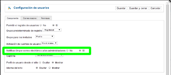 El administrador puede elegir si recibir un email cuando se registran nuevos usuarios, seleccionable en las opciones de usuarios