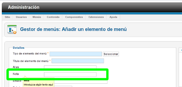 Nota como elemento de menú
