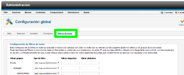 Filtros personalizados de texto en la Configuración Global de Joomla! 2.5