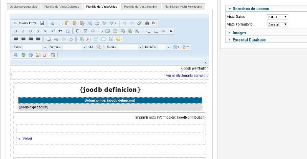 Opciones y Vistas de JooDatabase para Joomla!