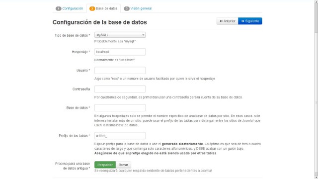 Instalación Joomla! 3.2 -configuración de la base de datos-