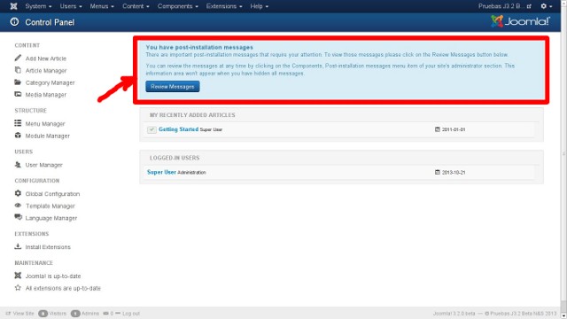 Mensajes de actualizaciones e importantes en la administración de Joomla 3.2