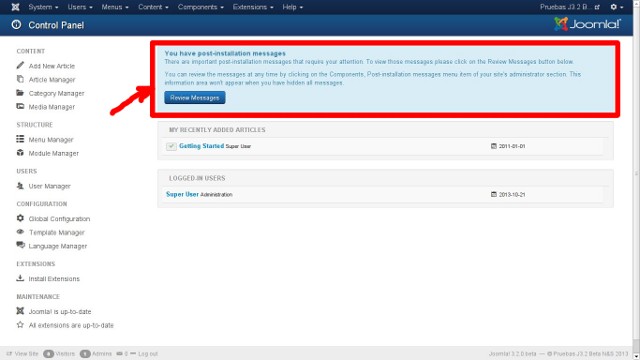 Mensajes de actualizaciones e importantes en la administración de Joomla 3.2